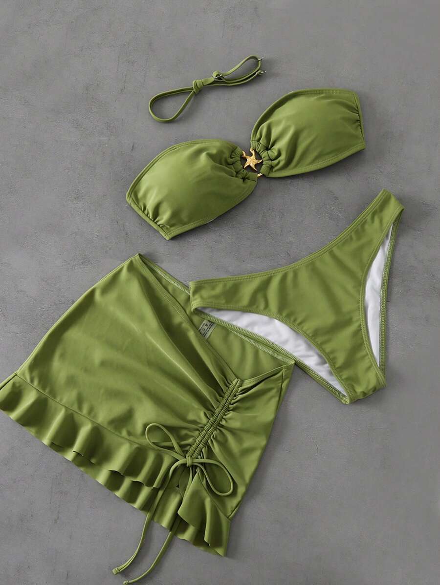 レディース 水着 ビキニセット 夏のビーチウェア 3点セット、無地チューブトップバンドゥホルター、ウエスト紐ラッフルヘム ビーチス拍卖