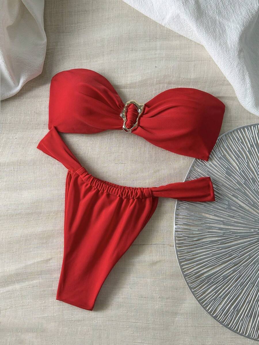 レディース 水着 ビキニセット 女性用 春夏 無地 メタル ストラップレス バンドゥ トップ&バック ビキニセット、セクシー な水拍卖