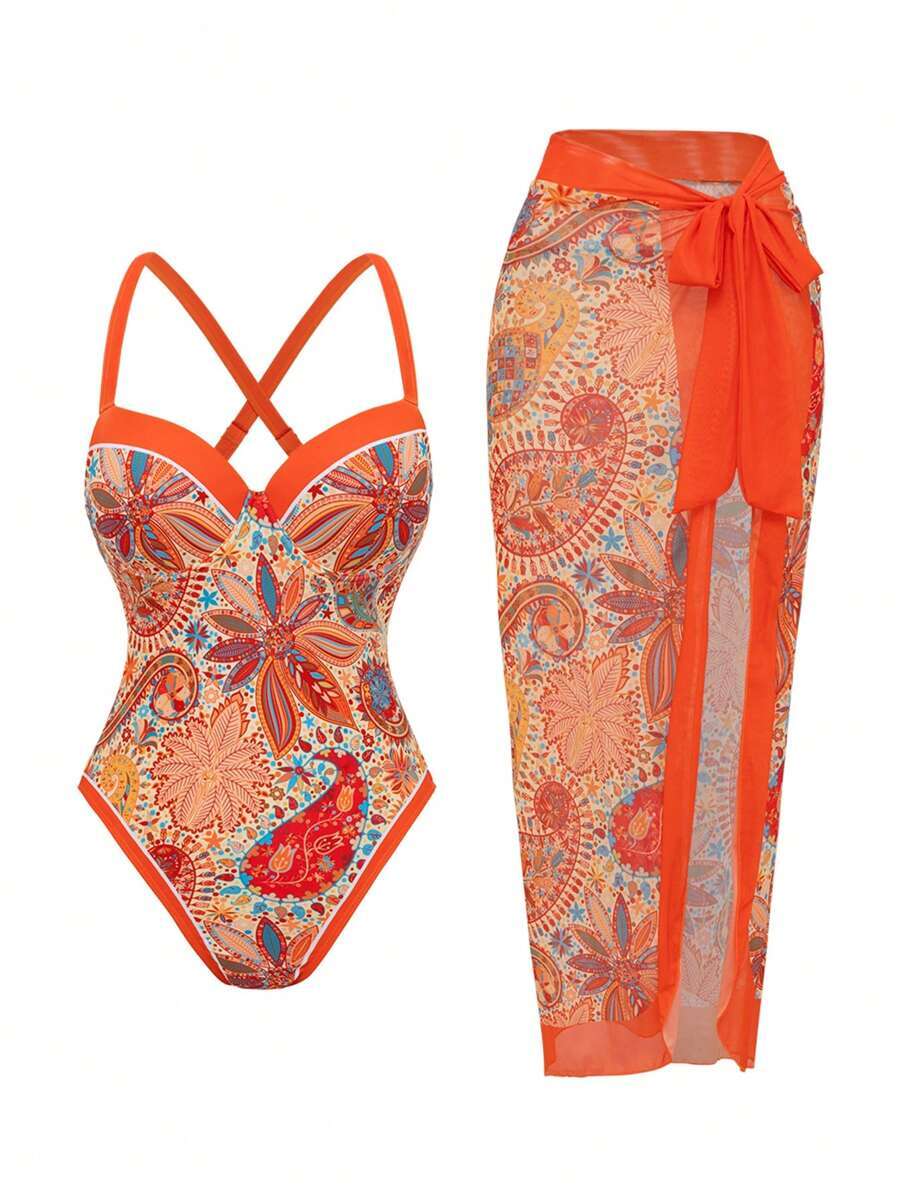 レディース 水着 ワンピース プッシュアップ フローラル柄ワンピース水着、メッシュ カバーアップロングドレスの2点セット、女性ビー拍卖