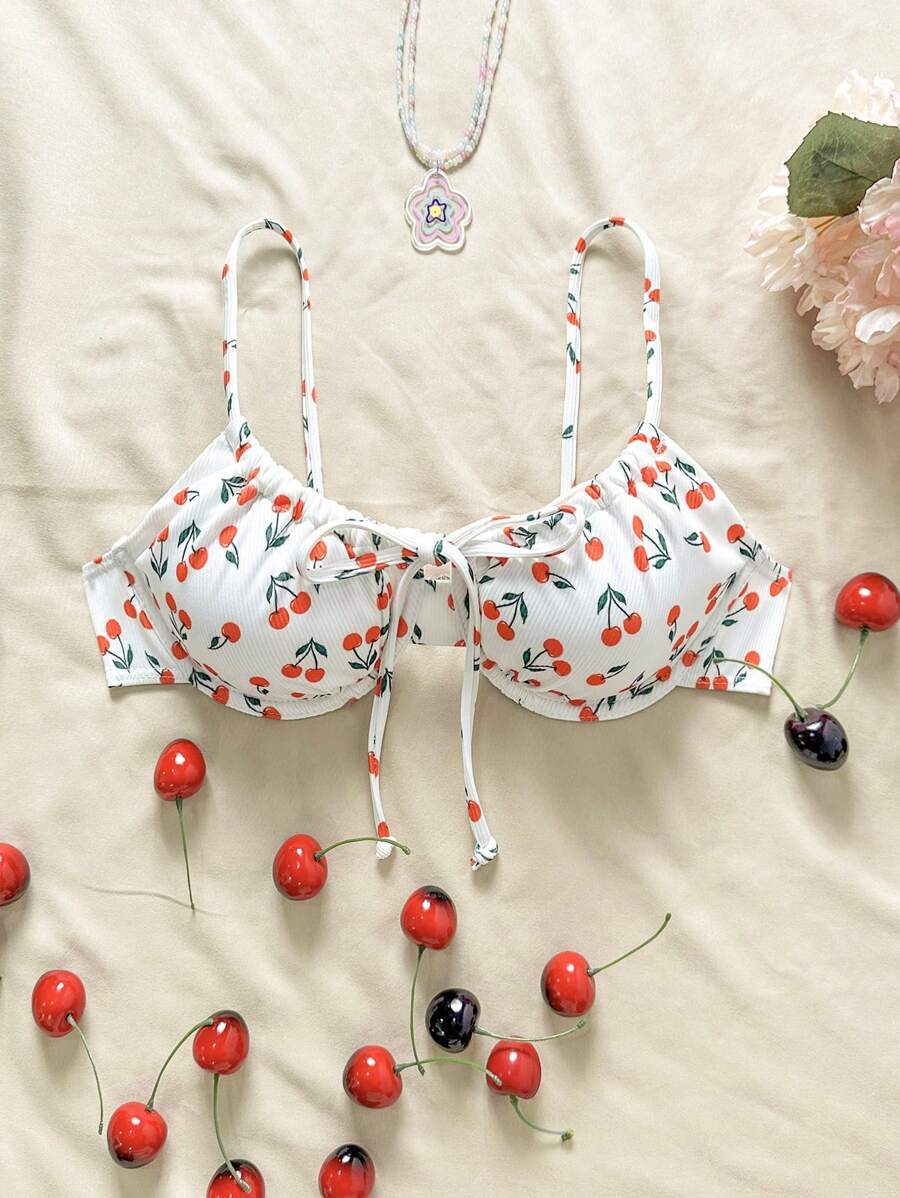 レディース 水着 トップス さくらプリント リボン前結び ビキニトップ、夏のビーチ拍卖