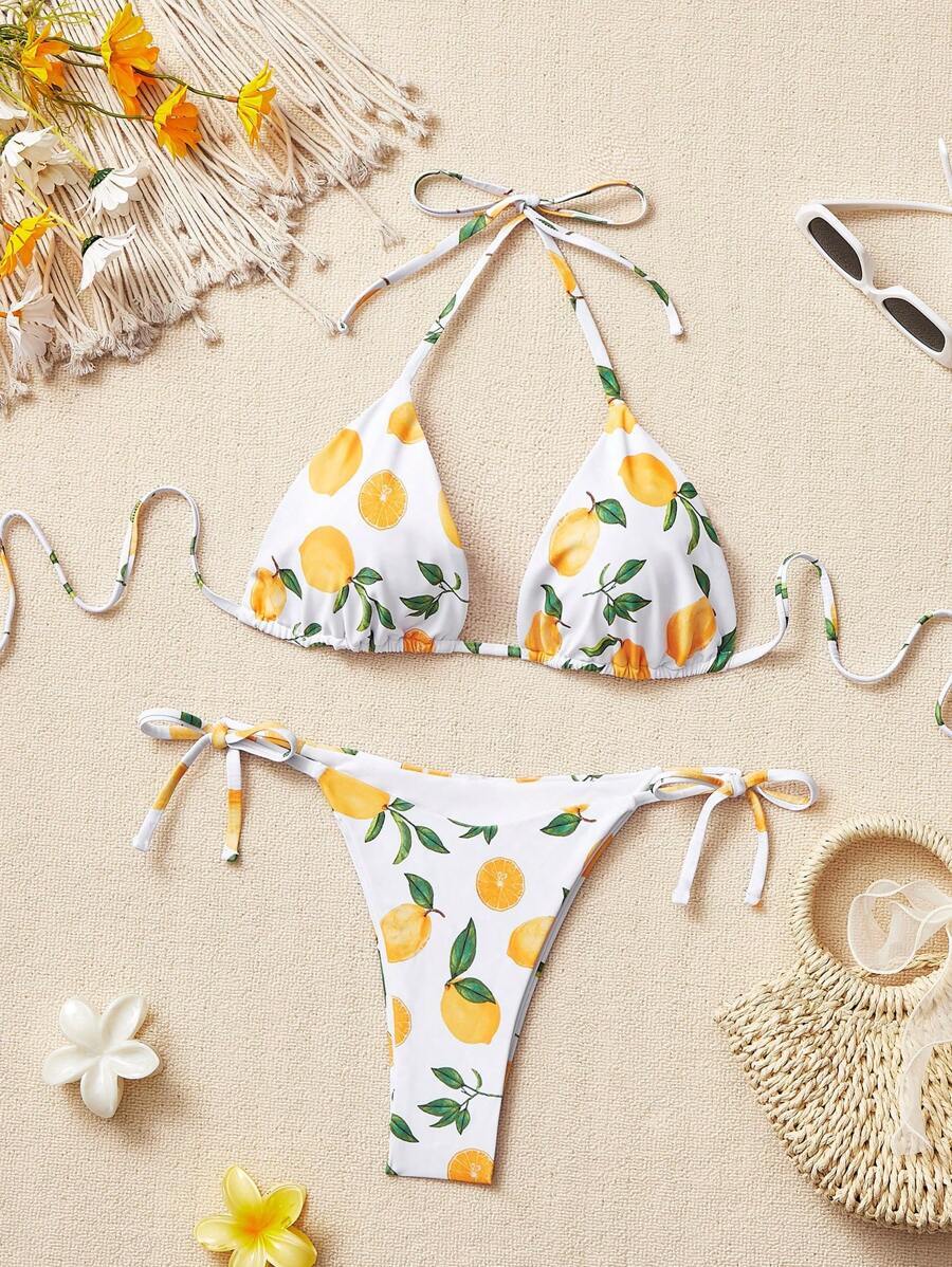 レディース 水着 ビキニセット 女性用サマービーチレモン柄ホルターネックビキニセット、バケーション用拍卖