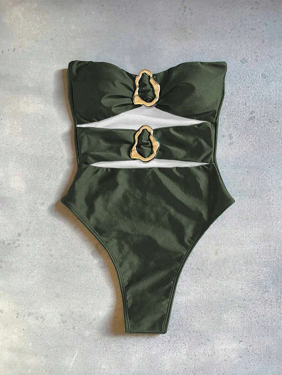 レディース 水着 ワンピース 金属装飾付きセクシーな中空デザイン女性用ワンピース水着拍卖