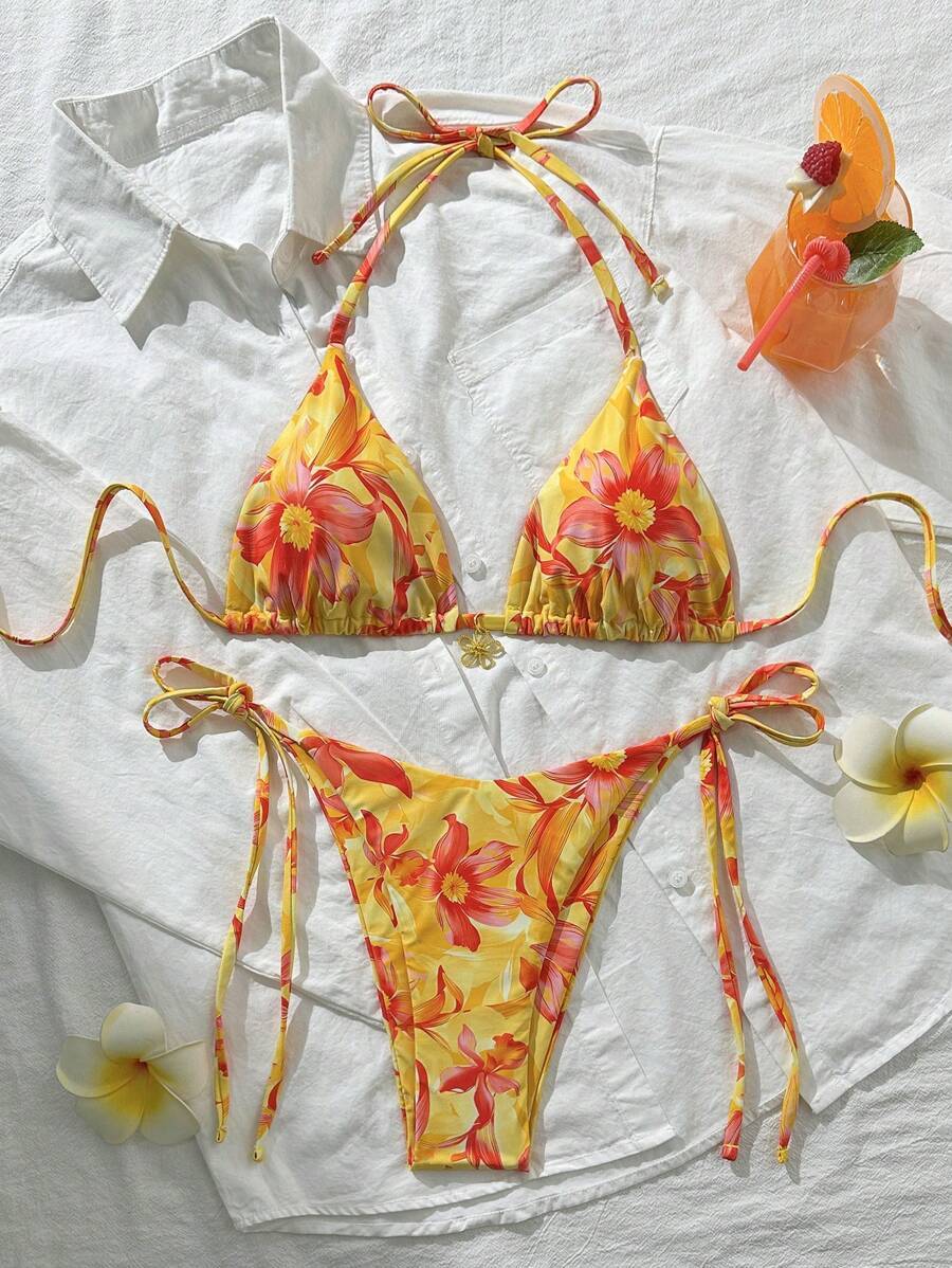 レディース 水着 ビキニセット フローラル柄ホルターネック ビキニ水着拍卖
