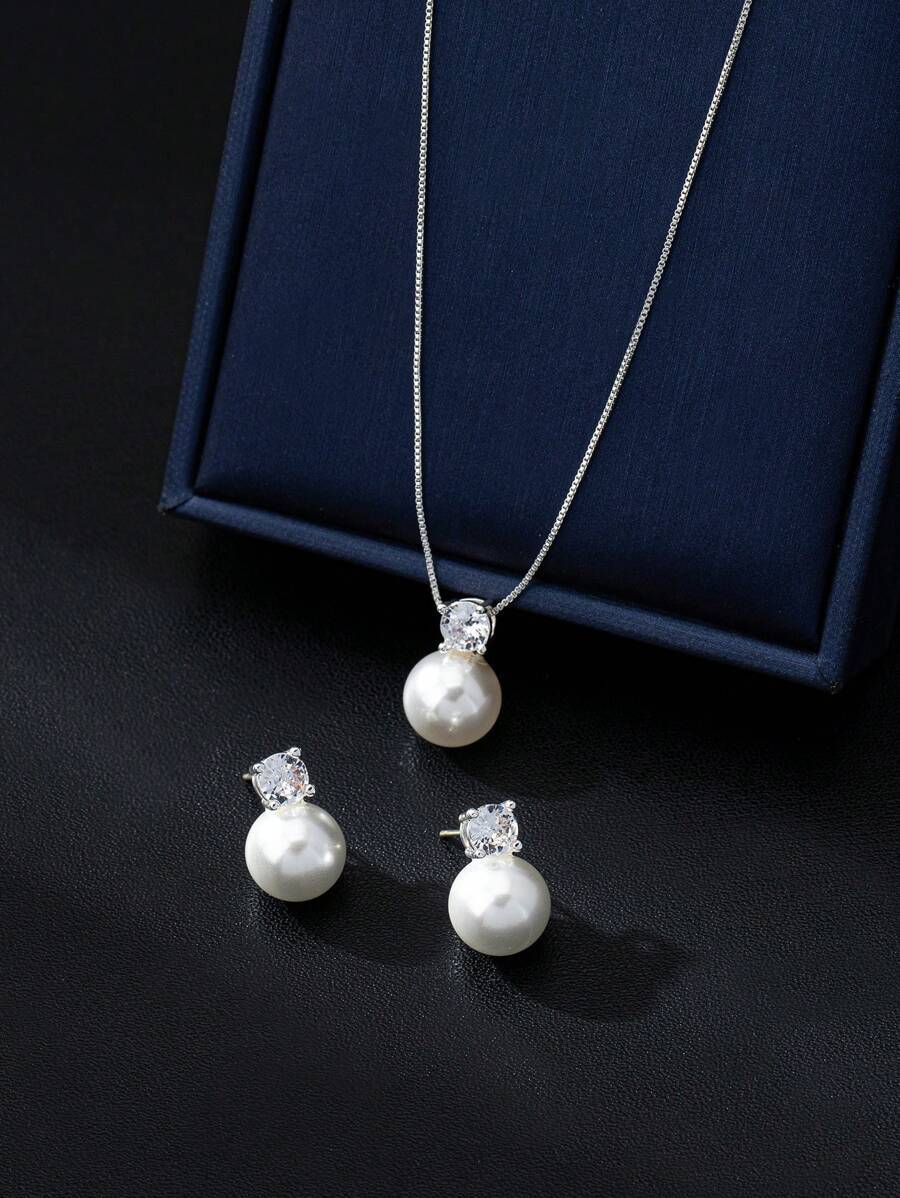 ジュエリー レディース セット ミニマリスト ガラスパール & ジルコニアストーン スタッドピアス 3個セット、ネックレスセット拍卖