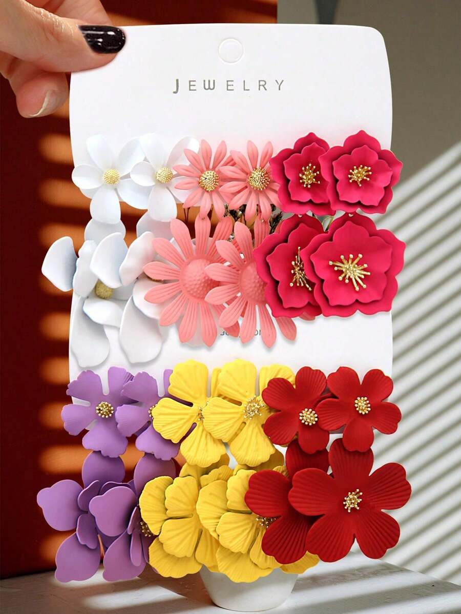 ジュエリー レディース イヤーアクセサリー セット ボヘミアン風 混合色 フラワー メタルペンダントピアスセット 12個入り、女性拍卖