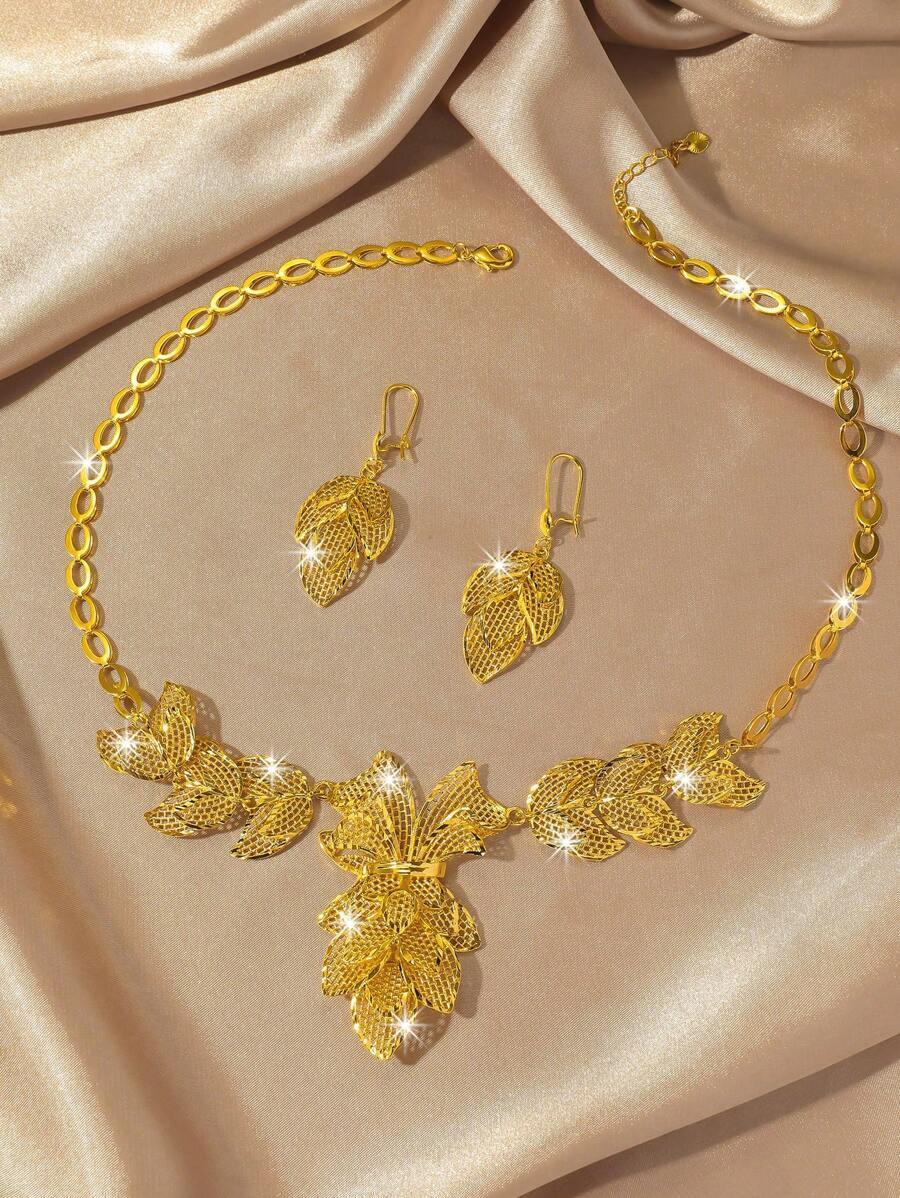 ジュエリー レディース セット 2個入りセット ゴールドメッキ フラワー&リーフデザイン ネックレス&ピアスジュエリーセット、花嫁拍卖