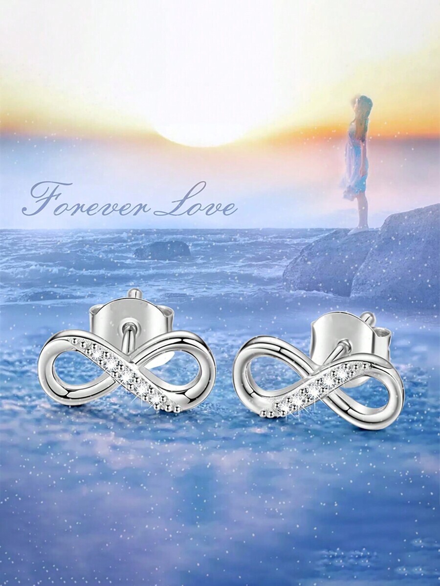 ジュエリー レディース イヤーアクセサリー 1 ペア無限スタッドピアス女性のための S925 スターリングシルバーホワイトファイン拍卖
