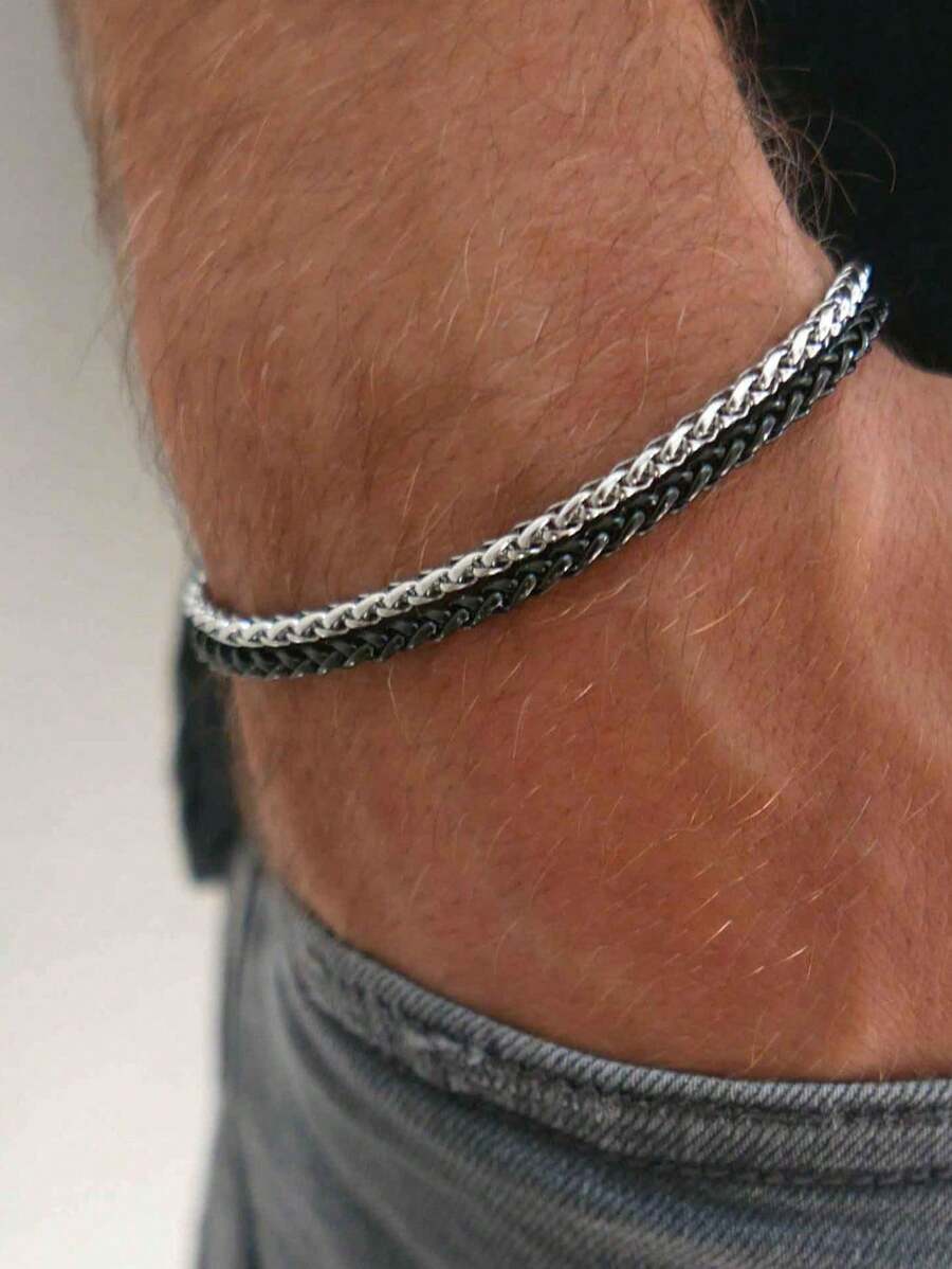 ジュエリー メンズ ブレスレット 男性用スポーツブレスレット、ハンドメイド ステンレススチール デュアルトーンチェーンブレスレット拍卖