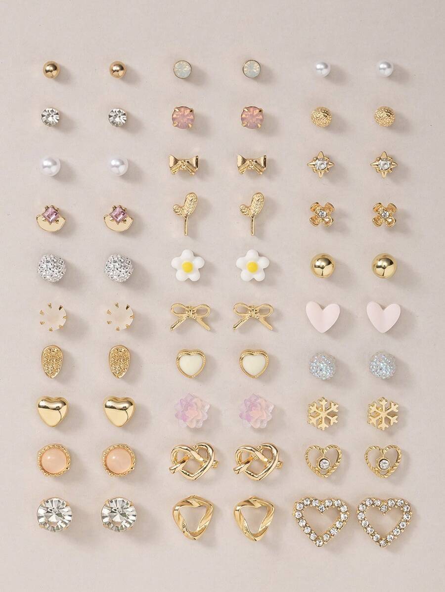 ジュエリー レディース イヤーアクセサリー セット 30個セット キュートな ピンクリボン、フェイクパール、ラインストーンフラワー拍卖