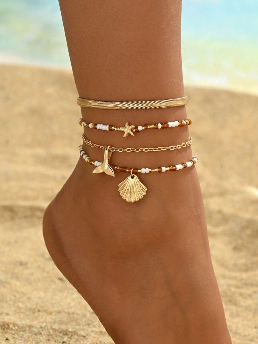 ジュエリー レディース フットアクセサリー 金のヒトデビーズアンクレット4点セット、ミニマリストメタル太いヘビ、貝殻、魚のしっぽペ拍卖
