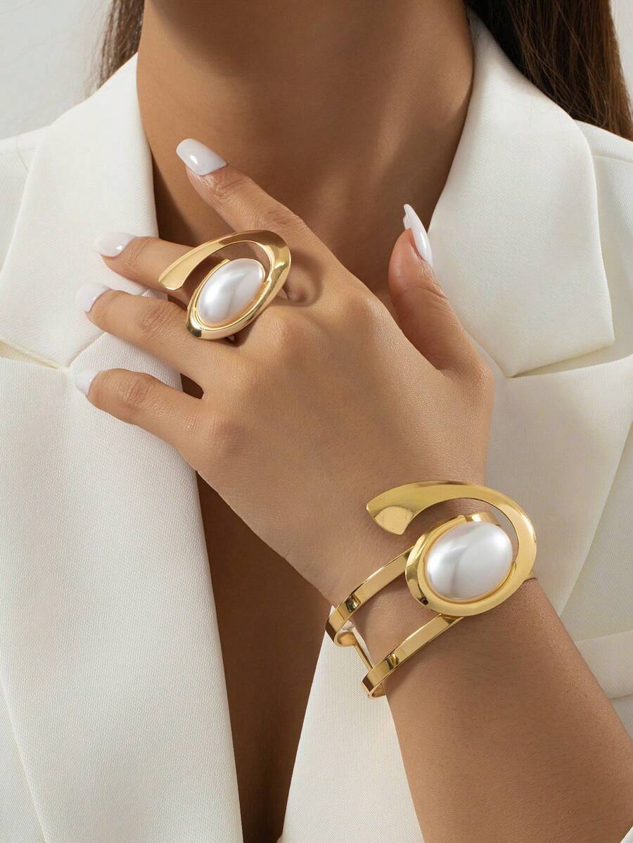 ジュエリー レディース セット 1セット 誇張されたメタル インレイパール ハーフバングル レディースブレスレット リングジュエリ拍卖