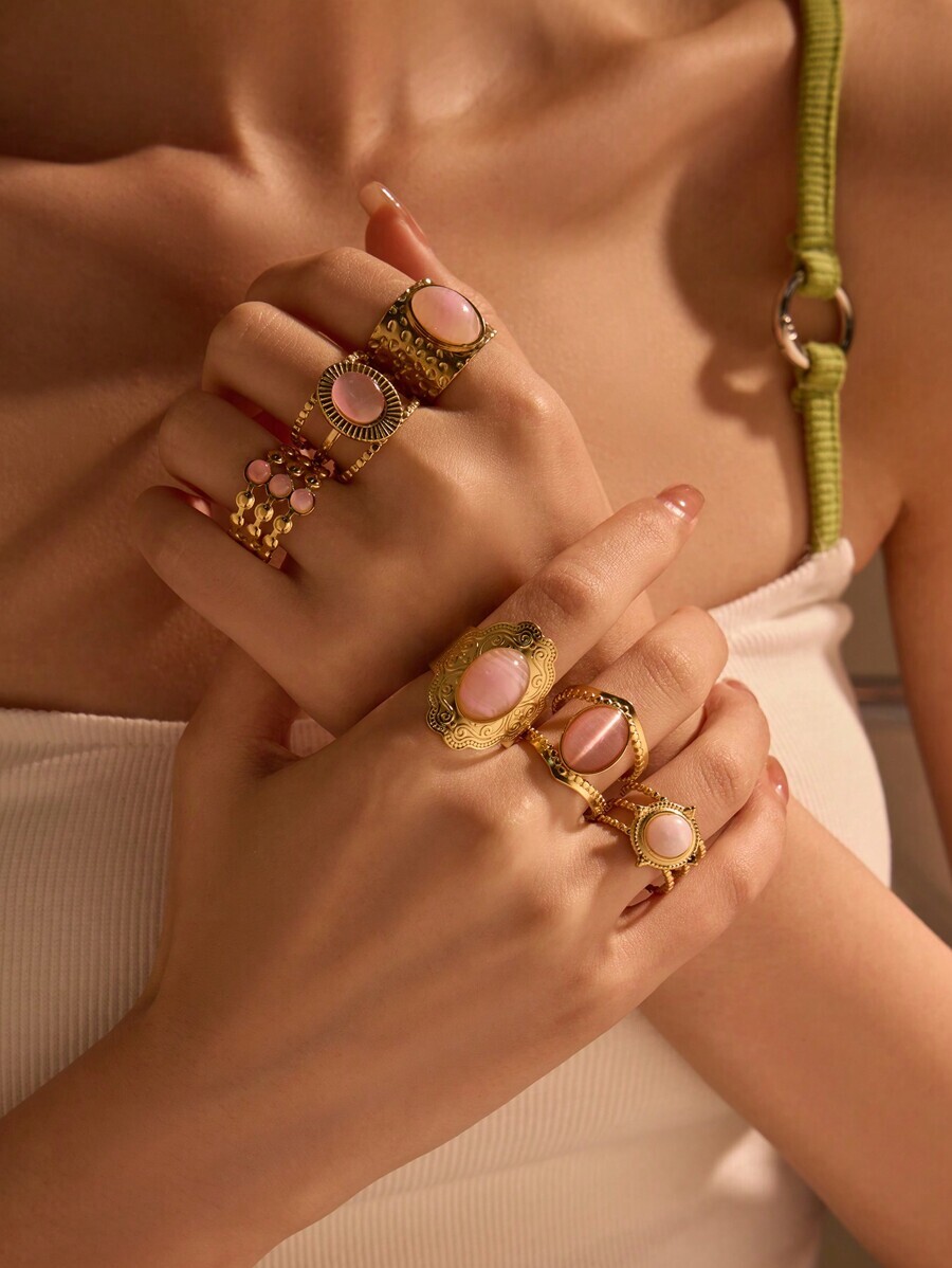 リング レディース セット 6個セット ステンレス スチール レディース ゴールドカラー ファッション ビッグデザイン ピンクジェ拍卖