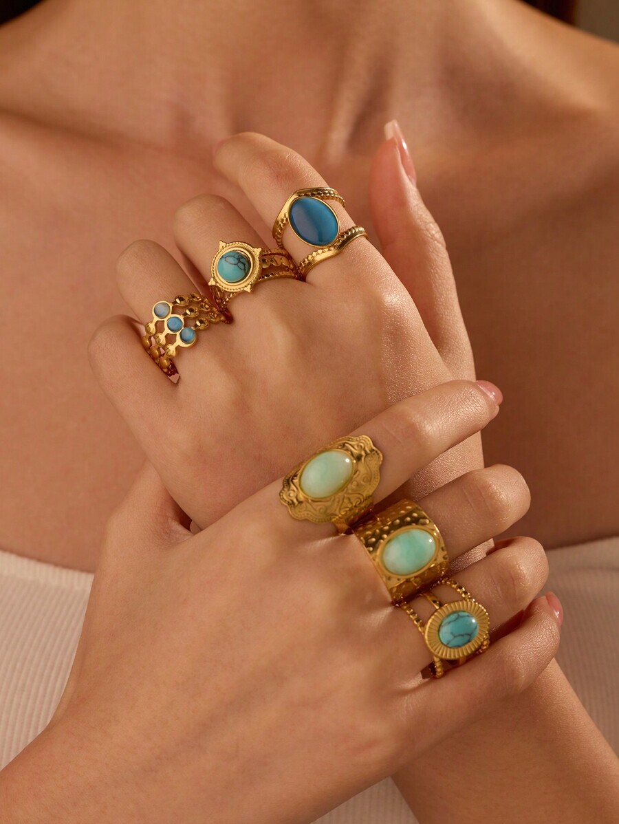 リング レディース セット ステンレス鋼 女性用 ゴールデンイエロー ファッション誇張ブルージェムストーンリングセット 6個入り、拍卖