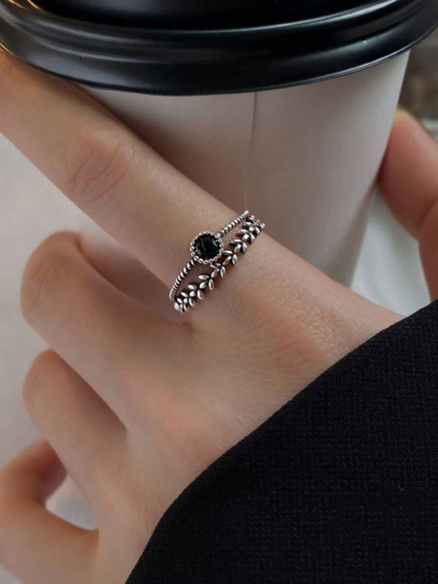 リング レディース シングル 1個 ファッショナブル S925 スターリングシルバー ブラック キュービックジルコニア 葉っぱ デ拍卖