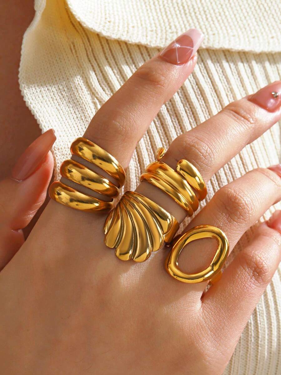 リング レディース セット 厚みのある 18Kゴールドメッキ ステンレス製ジオメトリックラインリング 4個セット、女性の日常着用に拍卖