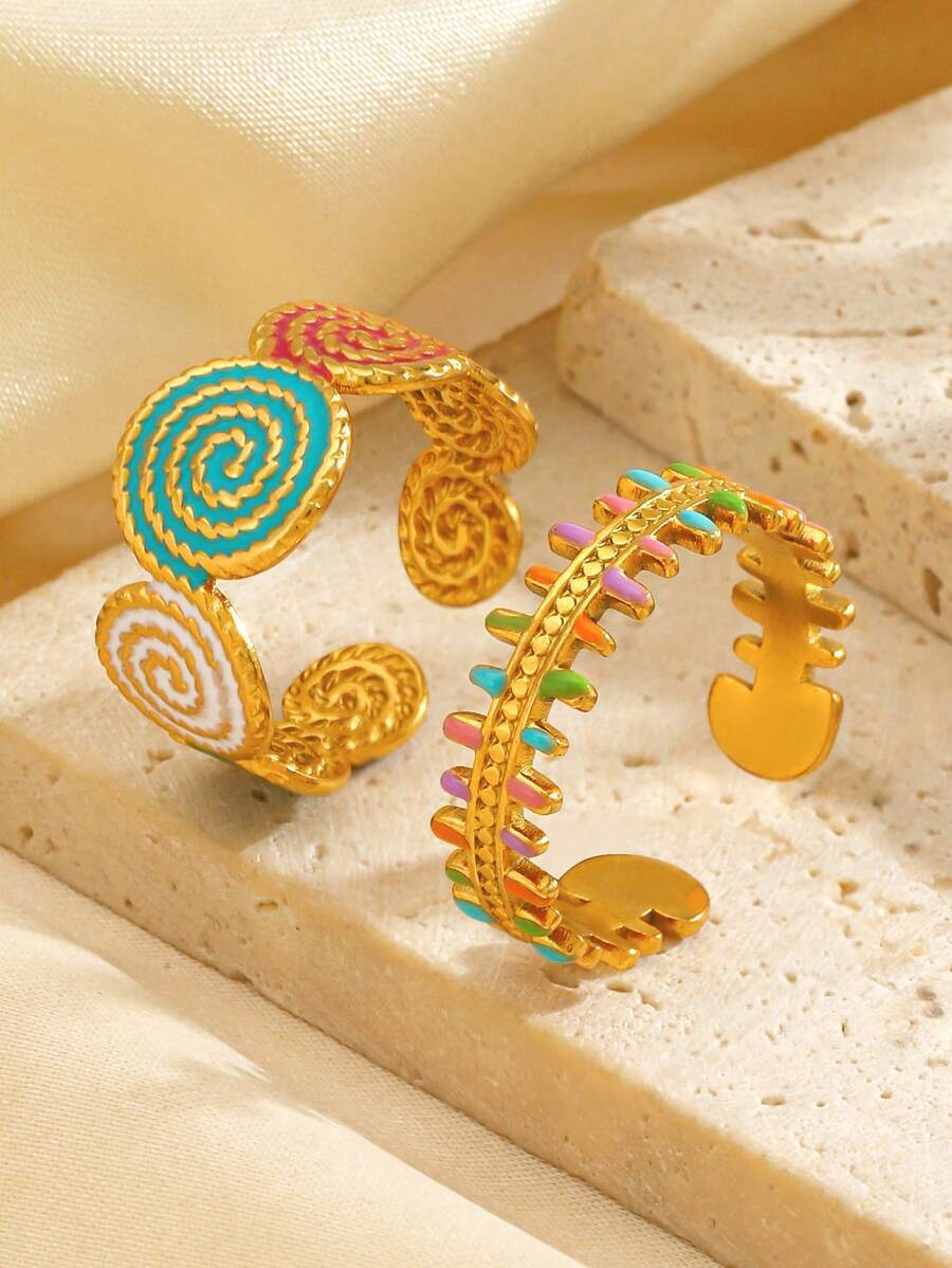 リング レディース セット 2個セット ステンレススチールカラフルオイルドロップテクスチャーフィッシュボーン オープンリング、日常拍卖