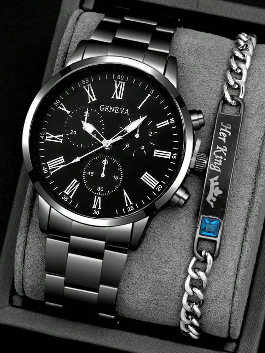 腕時計 メンズ セット ファッションビジネス紳士風 丸型 メンズブラックスチールベルト クォーツ腕時計 2個、ジルコニアダイヤモン拍卖