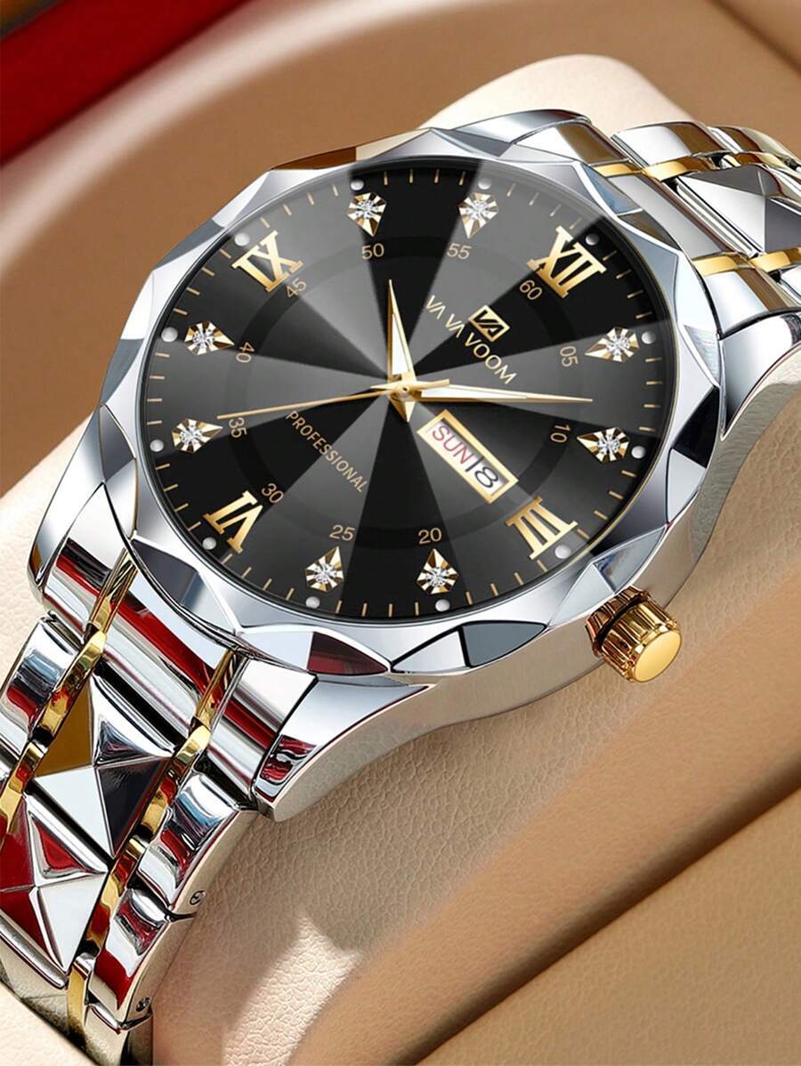 腕時計 メンズ クォーツ 男性用クオーツ腕時計、ラインストーン付きファッションラグジュアリースタイル、デュアルカレンダー、ステンレ拍卖