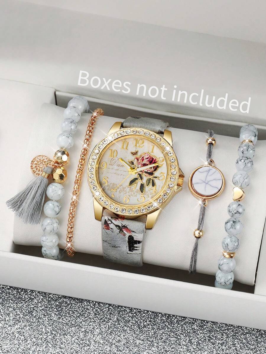 腕時計 レディース セット 5個セット レディース ファッション カジュアル 数字 フローラル プリント ウォッチ ブレスレット付拍卖