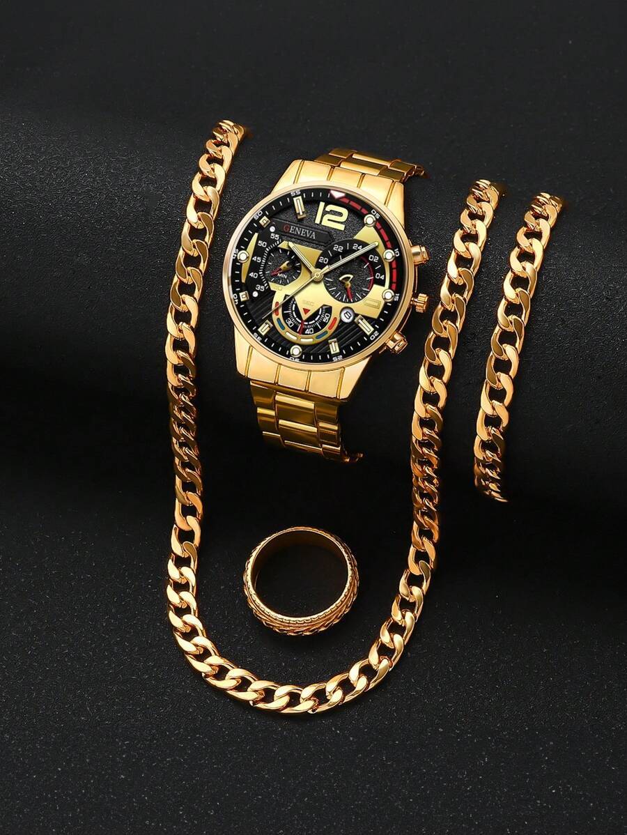 腕時計 メンズ セット 4点セット:メンズクォーツ腕時計 ラウンドダイヤル カレンダー付き、ネックレス、ブレスレット、リングのメン拍卖