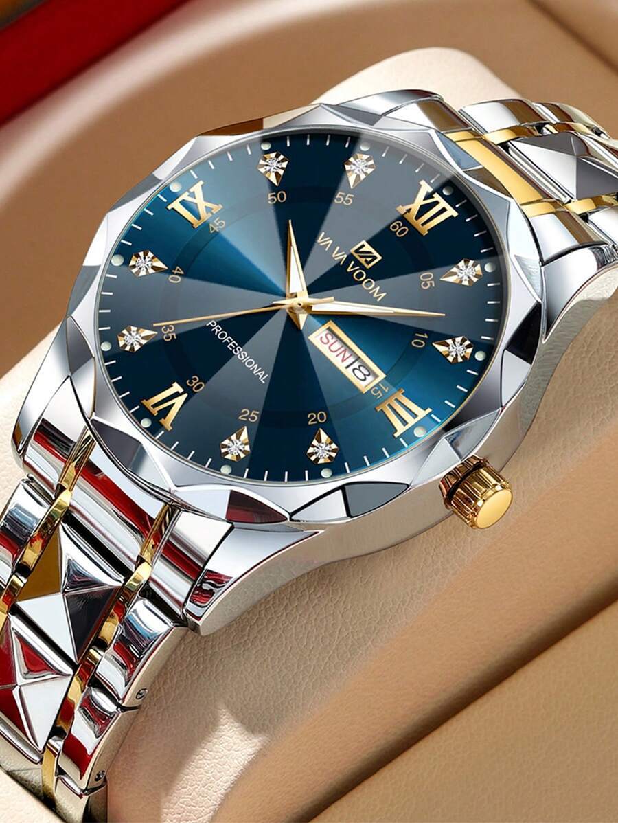 腕時計 メンズ クォーツ 1個 高級メンズクォーツ腕時計 ブルー&ゴールド&ブラック&シルバー ゴージャスなラインストーン 40m拍卖