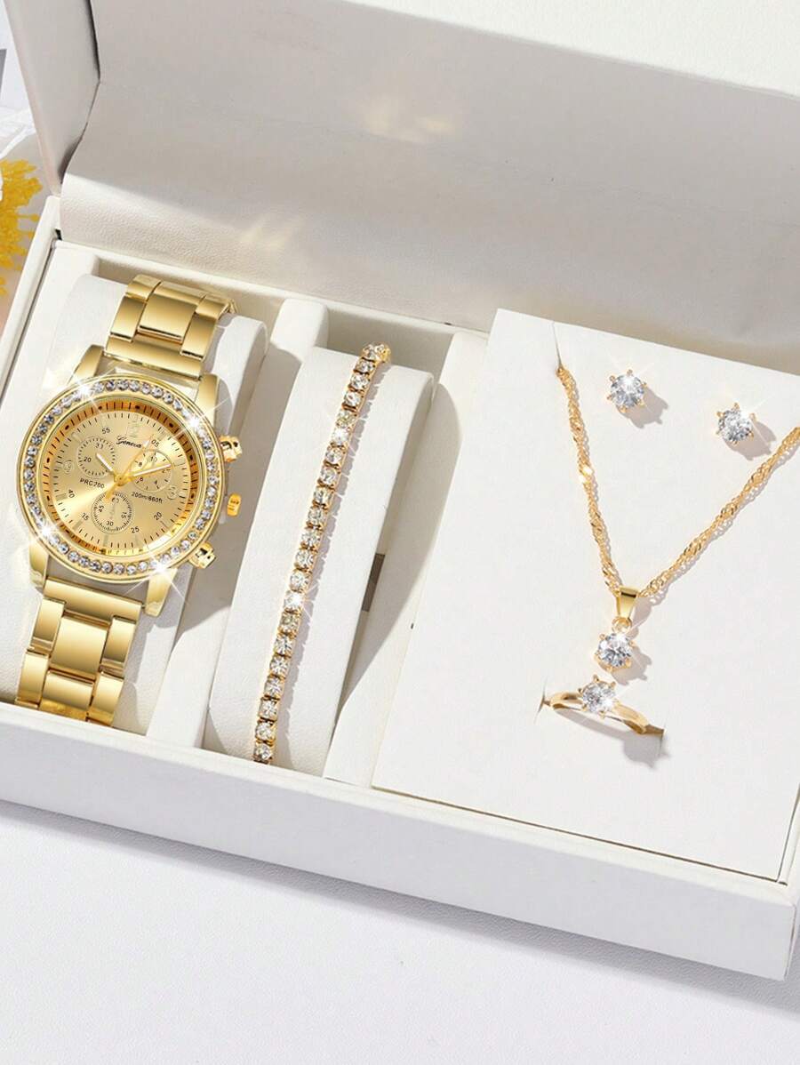 腕時計 レディース セット ファッショナブルな レディース ラウンド スチールベルト クォーツ腕時計 6個セット、多様なラインスト拍卖