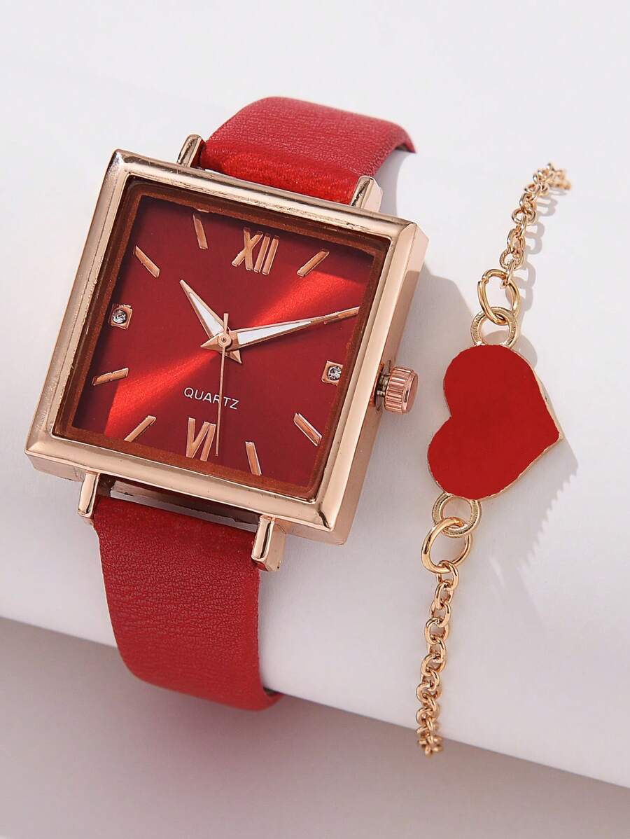 腕時計 レディース セット 2個 レディース腕時計 カジュアル PUレザーバンド正方形ダイヤル、亜鉛合金ハートチェーンブレスレット拍卖