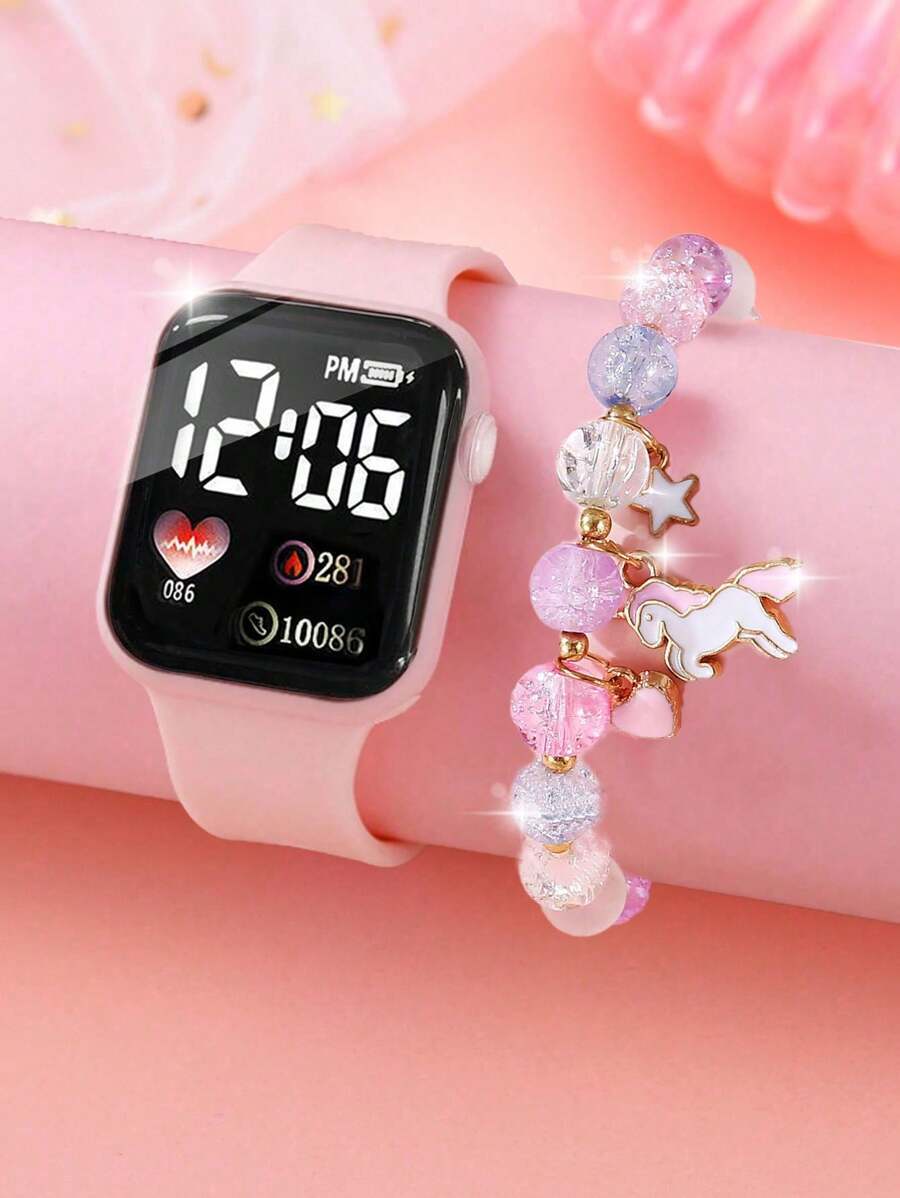 腕時計 レディース セット 1pc 男の子/女の子の スクエアデジタル電子時計と 1pc クリスタルユニコーンブレスレット日常着拍卖