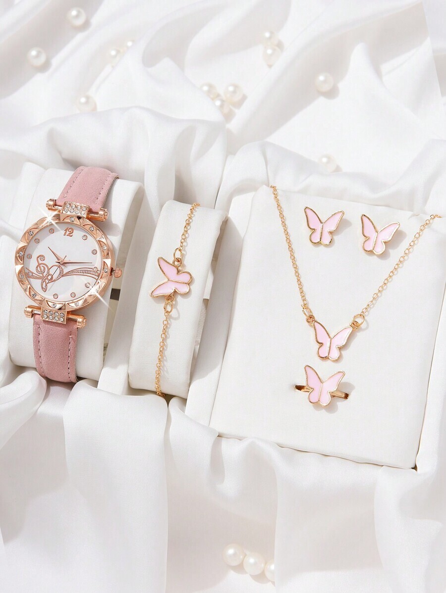 腕時計 レディース セット ラディーズウォッチ 1個 クオーツムーブメント ラウンドシェイプ ピンクのPUバンド 、蝶の耳飾り、蝶拍卖