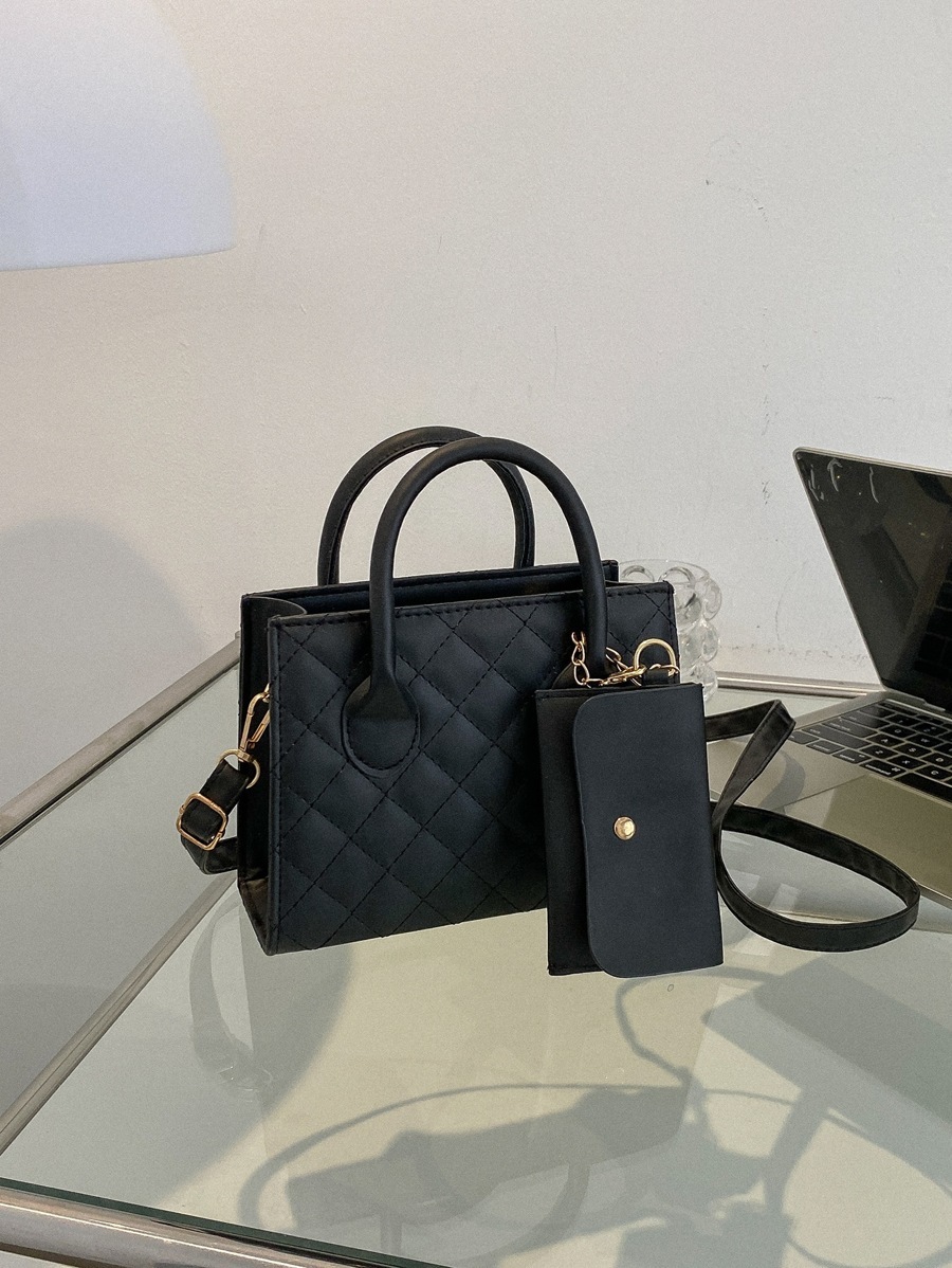 バッグ レディース ハンドバッグ 軽量、ビジネスカジュアル キルティング ダブルハンドル スクエアバッグ 小さな収納ポーチ付き 1拍卖