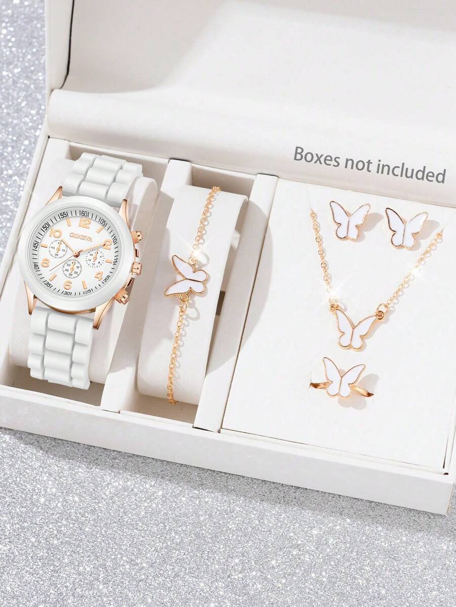 腕時計 レディース セット 6個セット ホワイトPUシリコンストラップ レディース腕時計 ファッションデジタルスケールダイヤル ク拍卖