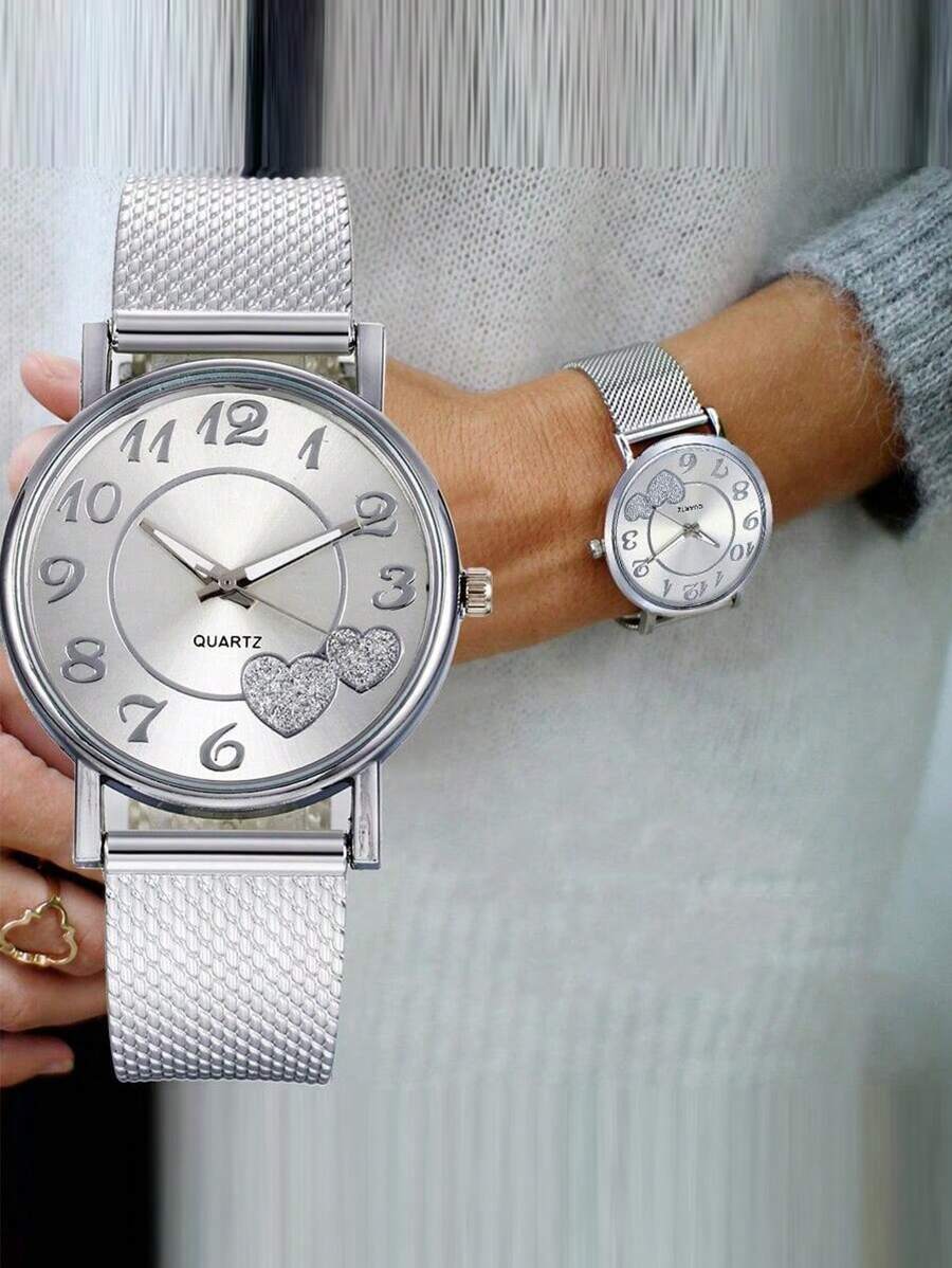 腕時計 レディース クォーツ 1個 ファッショナブル ミニマリスト オーバーサイズ 数字 ハート ダイヤル スチール ストラップ拍卖