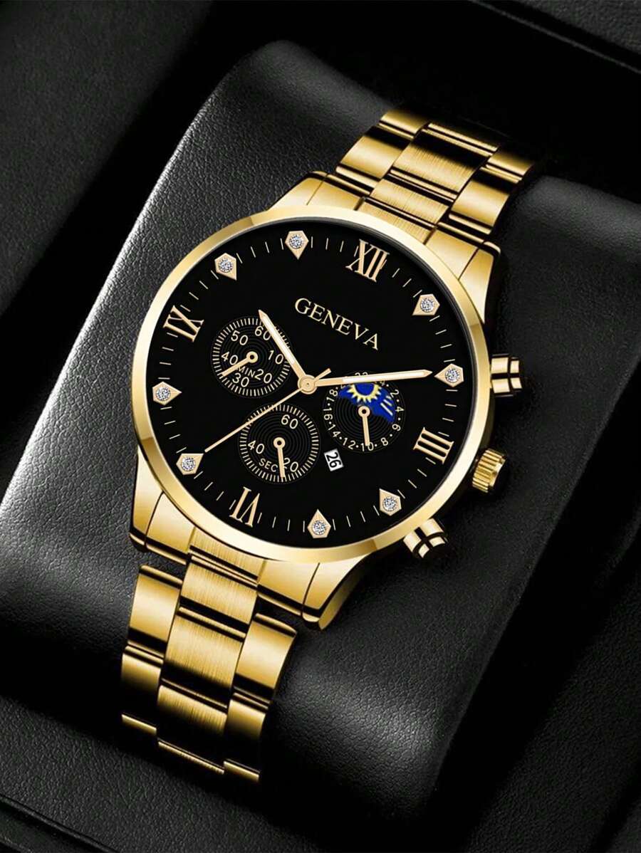 腕時計 メンズ クォーツ シンプルなビジネス ハイエンド 3眼カレンダー デジタル ゴールドスチールバンド メンズクォーツ腕時計拍卖