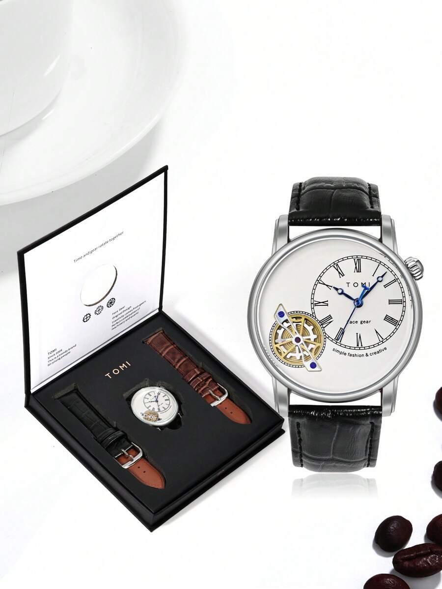 腕時計 メンズ クォーツ メンズクォーツ腕時計、回転式ギア式秒針機能、交換可能ベルト、ギフトボックス付、日常着用、休日/祝祭用に適拍卖