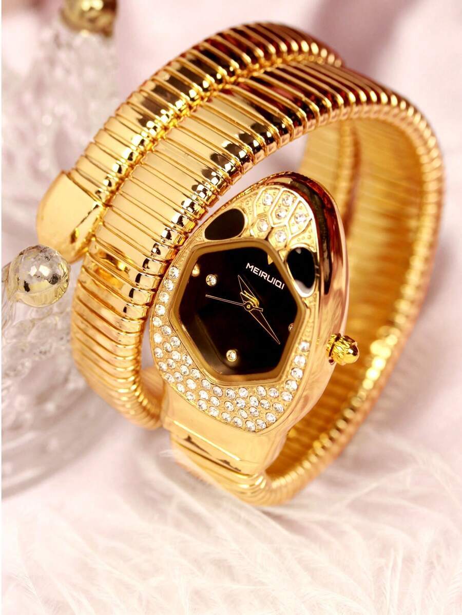 腕時計 レディース クォーツ 1個 レディース ゴールドステンレススチール 蛇型 クォーツ 腕時計、デイリーや正装にも適しています拍卖