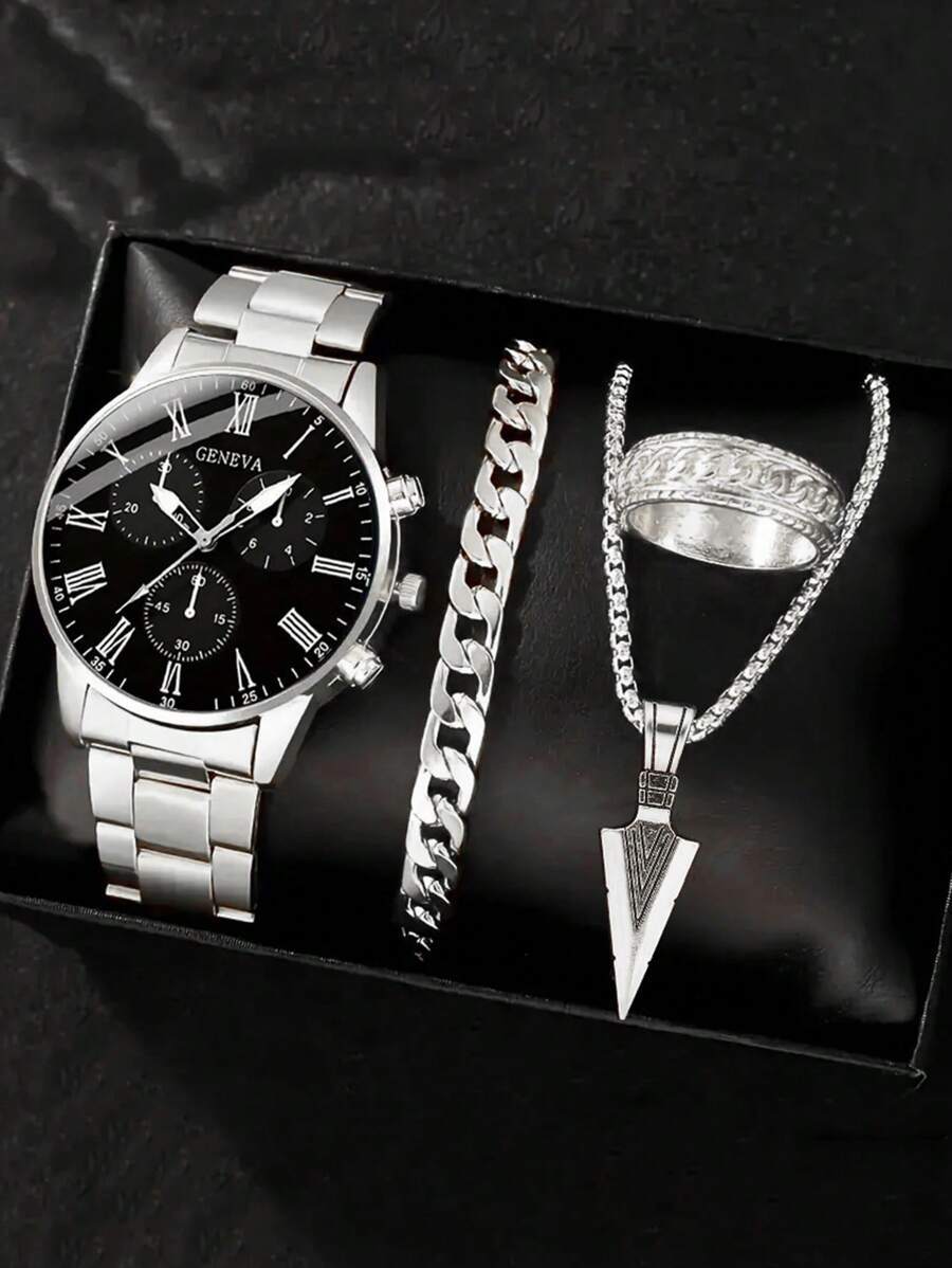 腕時計 メンズ セット メンズ 4点セット シルバー クラシックビジネス クォーツ時計、アロー ペンダントネックレス、ブレスレット拍卖