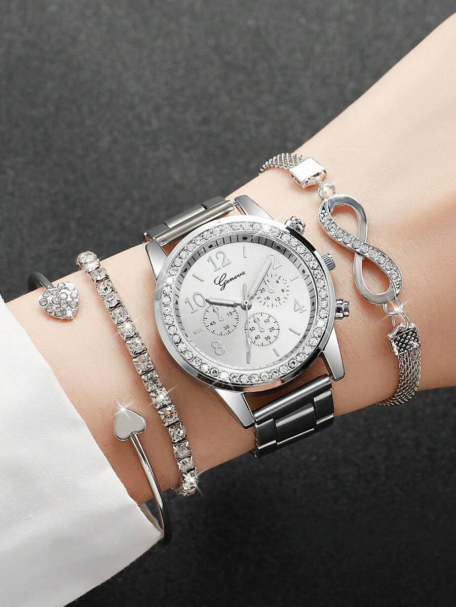 腕時計 レディース セット 4点セット レディースファッション カジュアル スチールバンド ラインストーン 3ダイヤル数字スケール拍卖