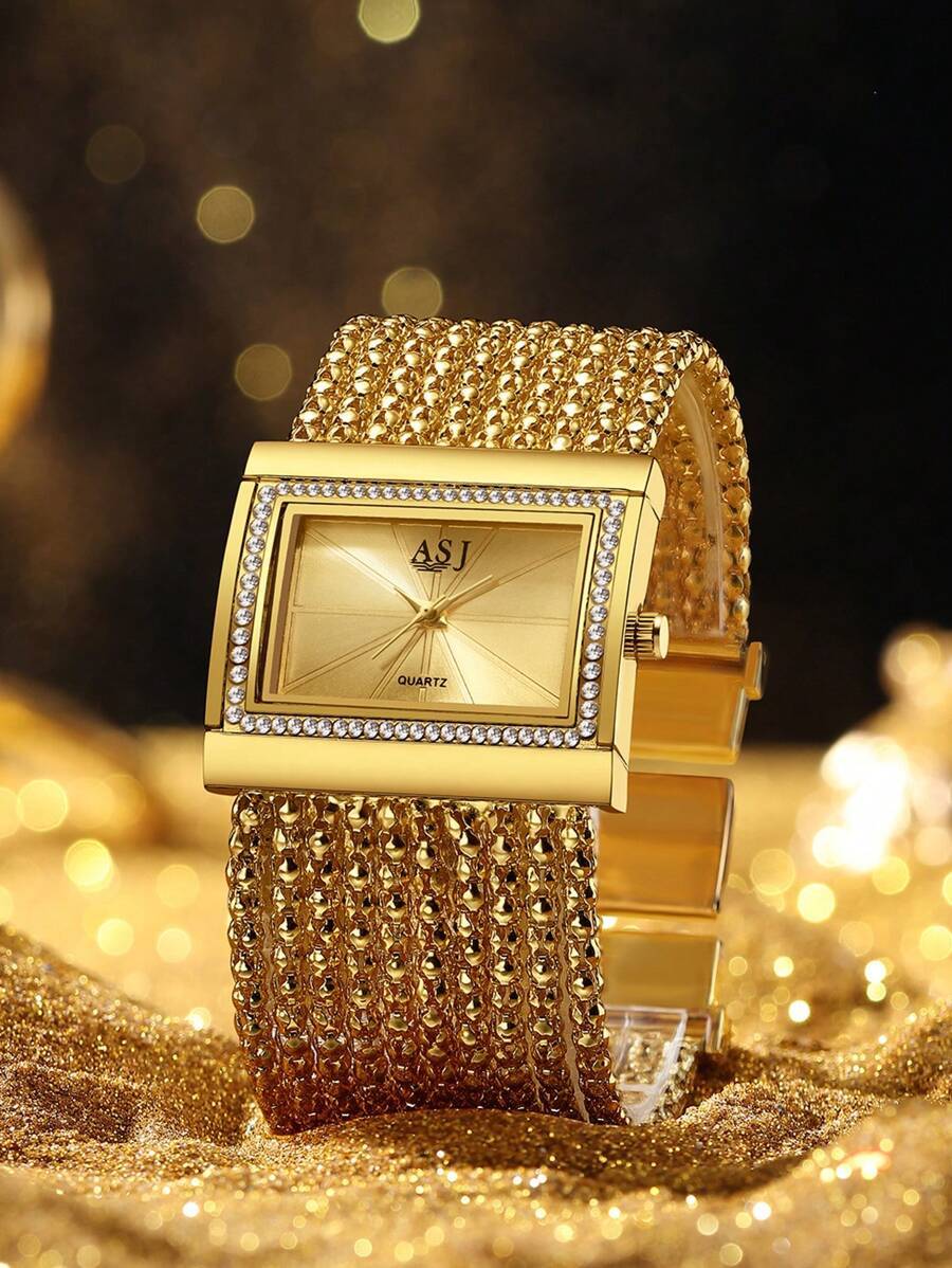 腕時計 レディース クォーツ 1個 高級ゴールドカラーラインストーン装飾ペンダントチェーン クォーツ ブレスレット 腕時計 ギフト拍卖