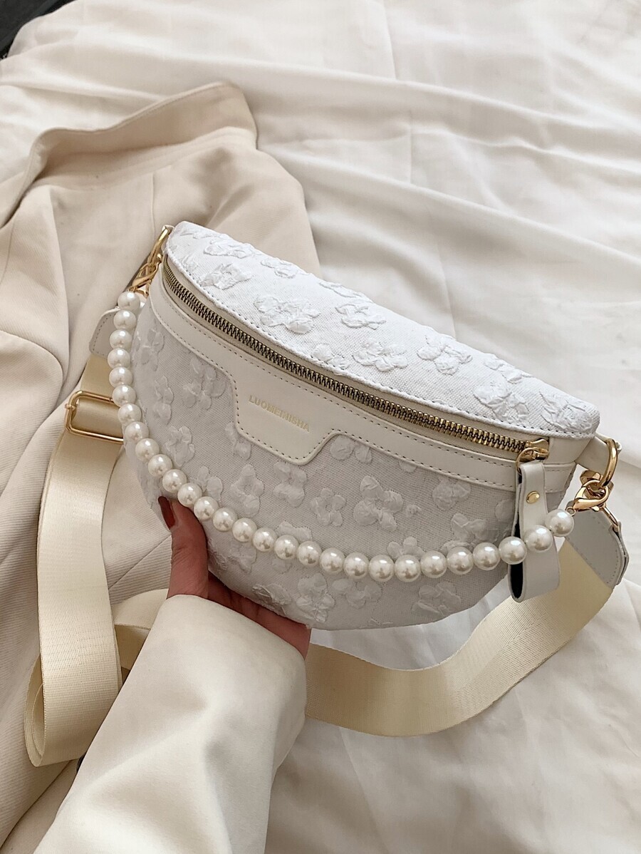 バッグ レディース ウエストバッグ ジャガード 人工パールデコレーション ウエストポーチ拍卖