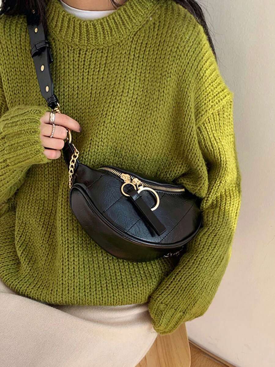 バッグ レディース ウエストバッグ ステッチディテール クロスボディバッグ チェーン装飾 ブラック拍卖