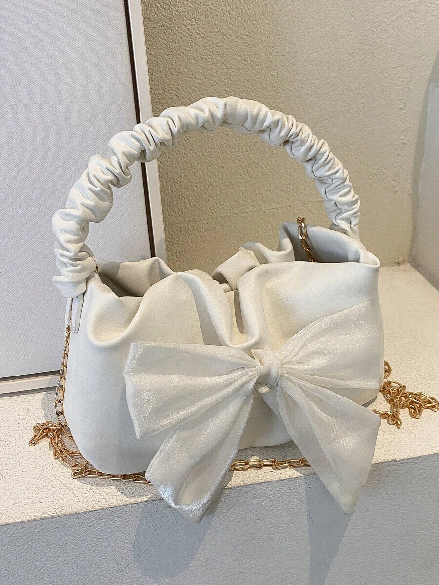 バッグ レディース ハンドバッグ 女性用ファッショナブルなギャザー入り三日月型ハンドバッグ、スカーフ付きリボン装飾のクラウド型ショ拍卖