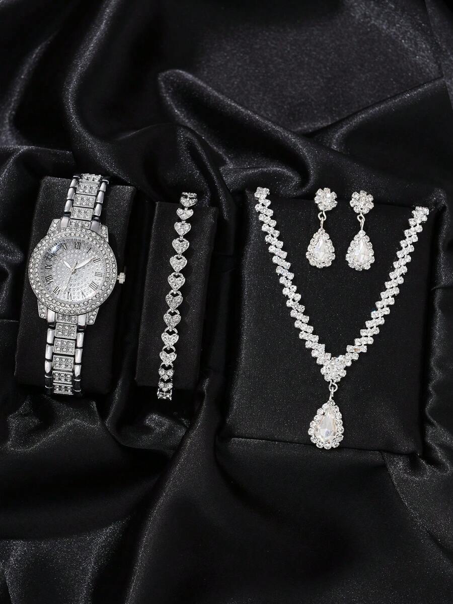 腕時計 レディース セット ウォッチ&ジュエリーセット、レディースウォッチ、シルバー チンダロイストラップ、魅力的なラインストーン拍卖