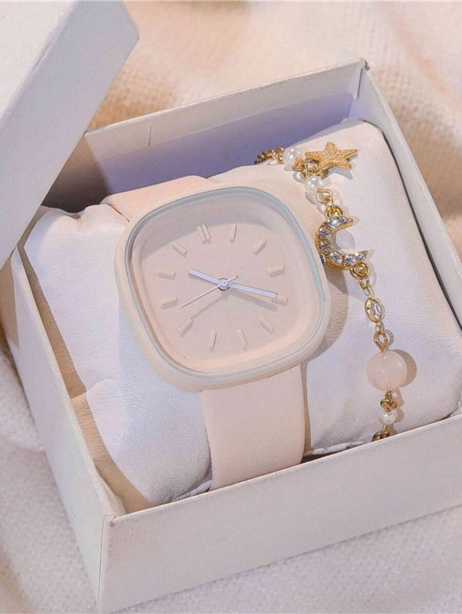 腕時計 レディース セット 風 クリームジェリーバンド 正方形クォーツ時計 3点セット、学生向けギフトセット拍卖