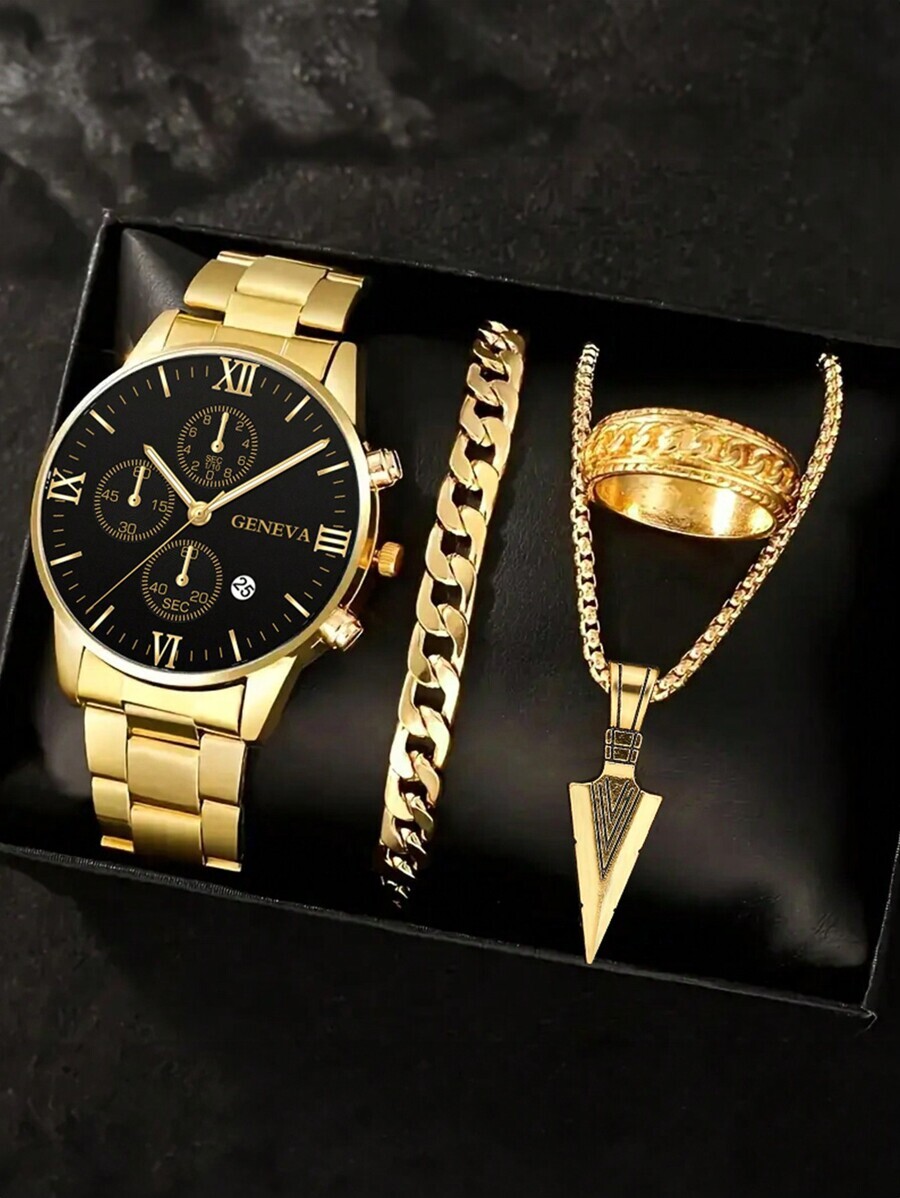 腕時計 メンズ セット ステンレス鋼クォーツ腕時計カレンダー、ゴールドアロー ネックレス、ブレスレット、リング 4点セット メンズ拍卖