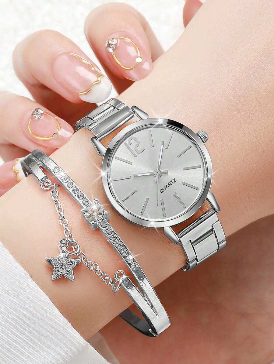 腕時計 レディース セット 2点セット レディース ステンレススチール 小ダイヤル クオーツ 腕時計 + ブレスレット、学生への入拍卖