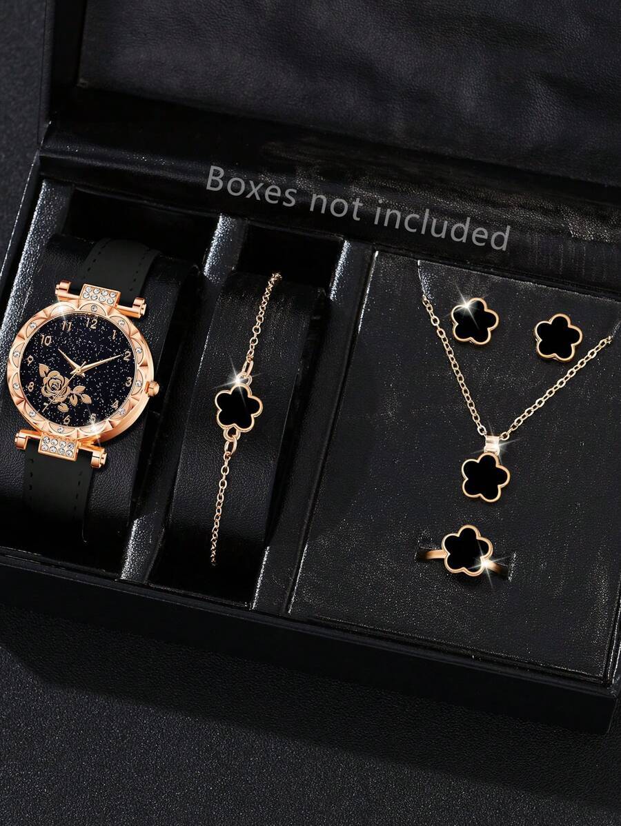 腕時計 レディース セット 6個セット レディース 腕時計 黒 PUレザーバンド ファッション フラワー 要素 デジタルスケール拍卖