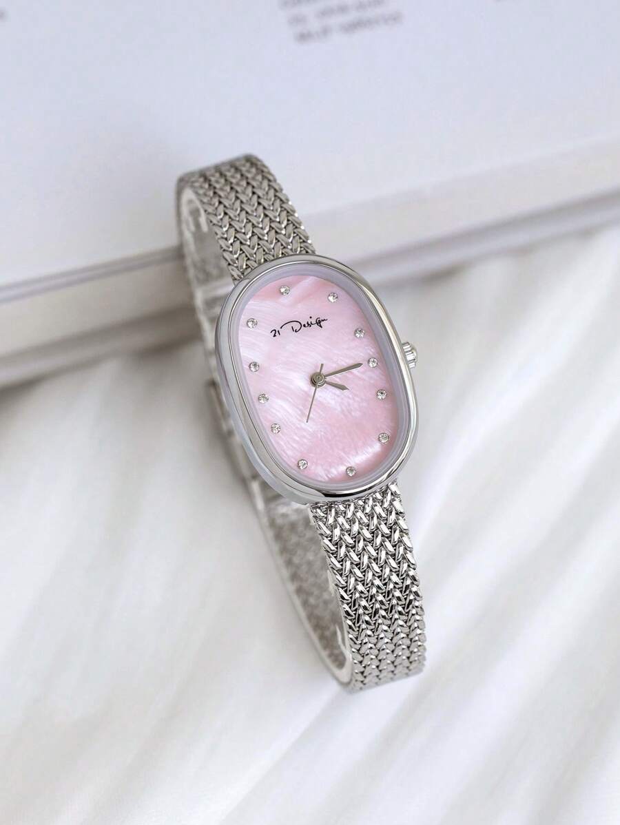 腕時計 レディース クォーツ 21design オーバル シルバー ケース マザーオブパール ダイアル 編み込みストラップ 防水拍卖