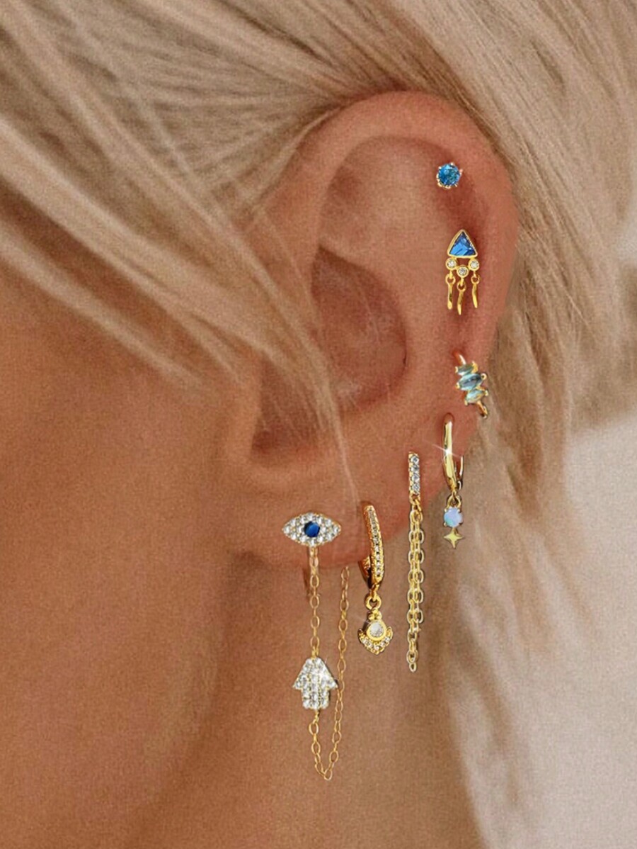 ジュエリー レディース イヤーアクセサリー セット 7個組 エレガントジルコニア 悪魔の目ピアスとピアスセット、日常、パーティー、拍卖