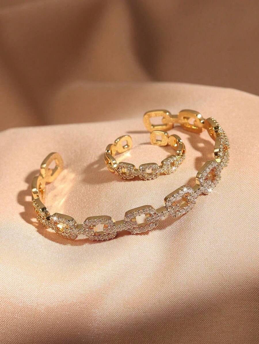 ジュエリー レディース セット 2個セット キュービックジルコニア装飾 非対称デザインリング&ブレスレットセット拍卖