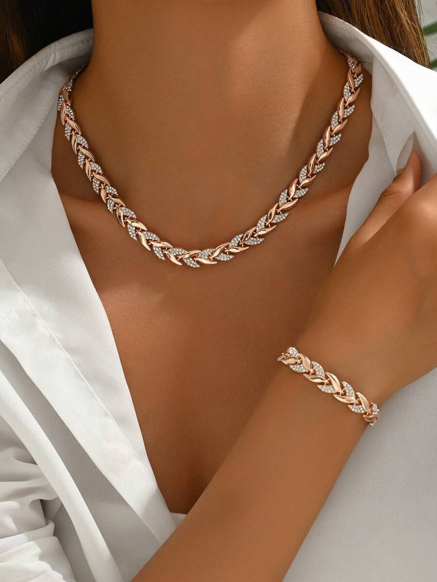 ジュエリー レディース セット 1個 ローズゴールド クリスタルリンクブレスレット&ネックレスセット、優雅でファッショナブルな女性拍卖